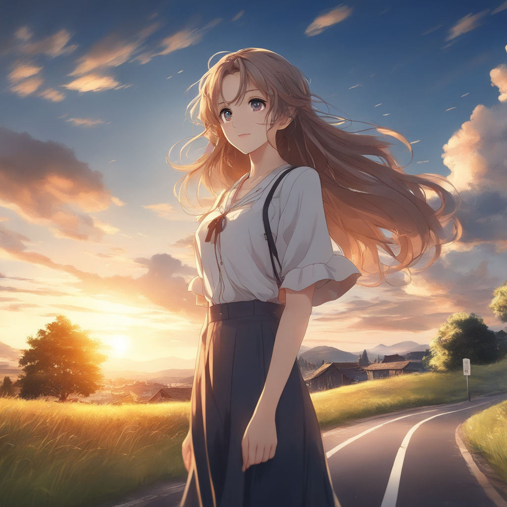 anime girl long hair in the wind