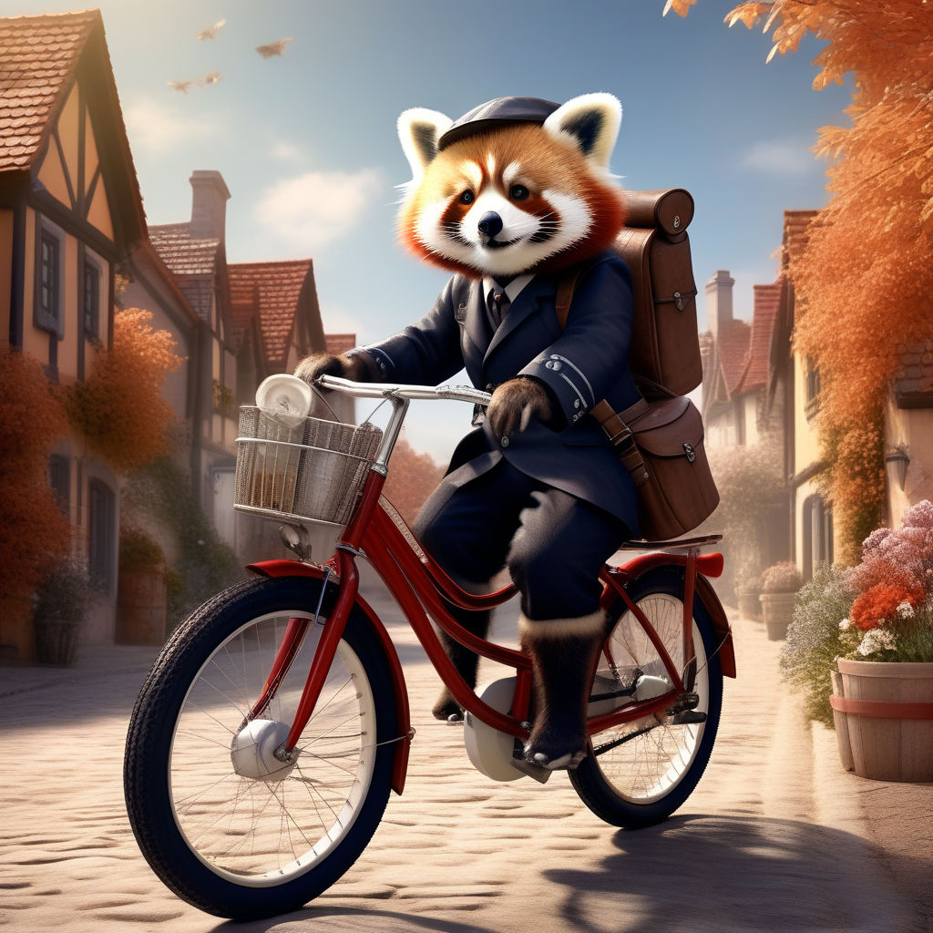 A cute little red panda flying to Mars on a colorful bamboo bike