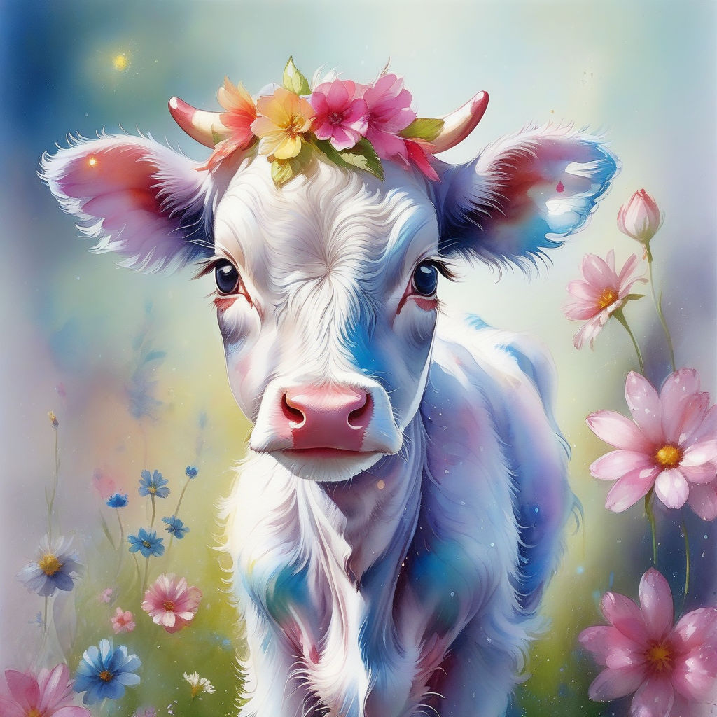 A graceful anthropomorphic cow with pastel pink hair in a serene