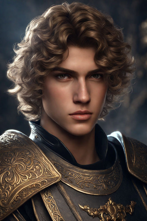 anime, fantasy medieval, boy, curly, chestnut brown hair, blue