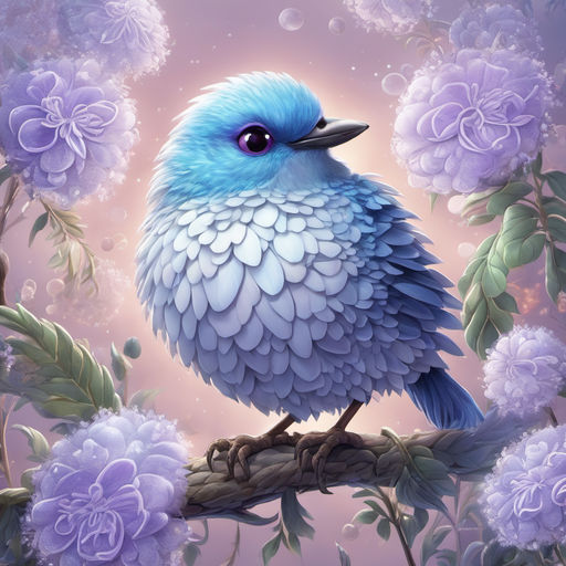 Cute Fluffy Blue Bird with White Daisies