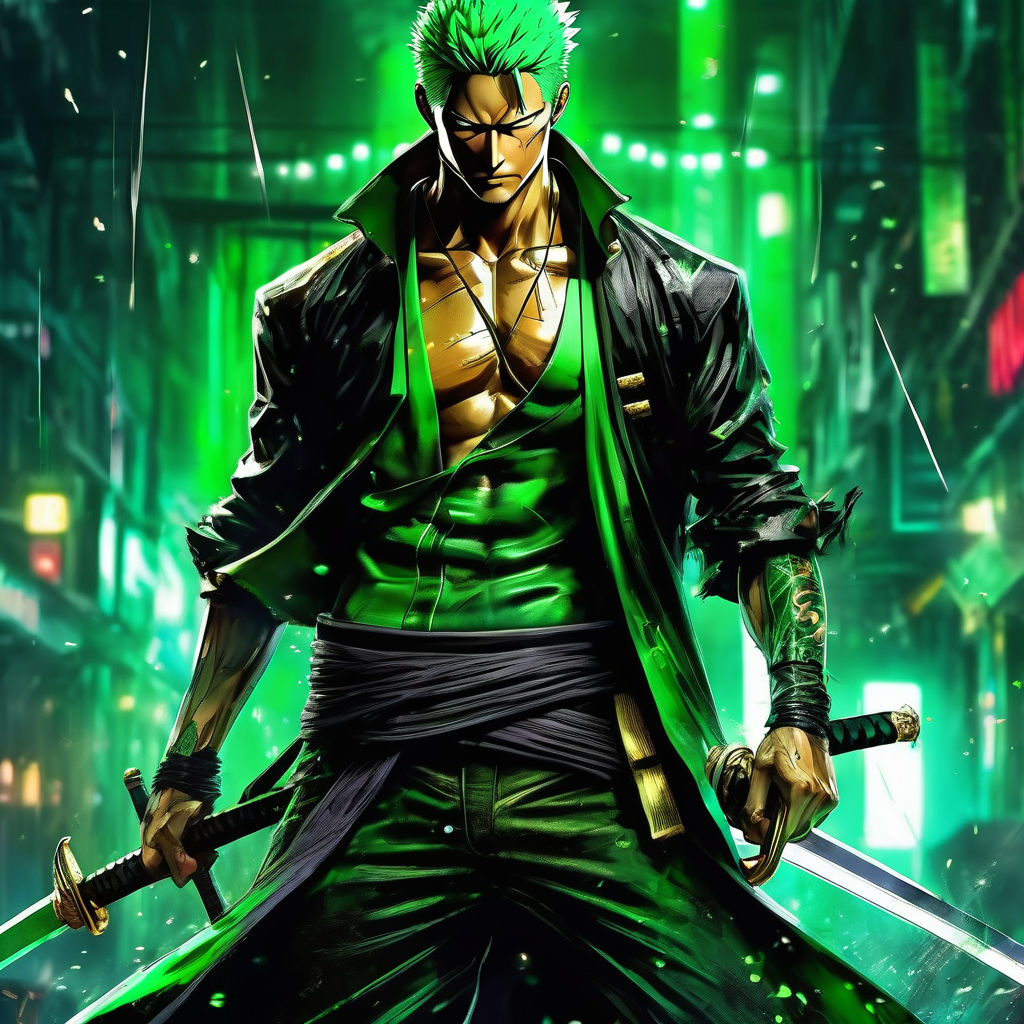 Zoro roronoa in a cyberpunk setting