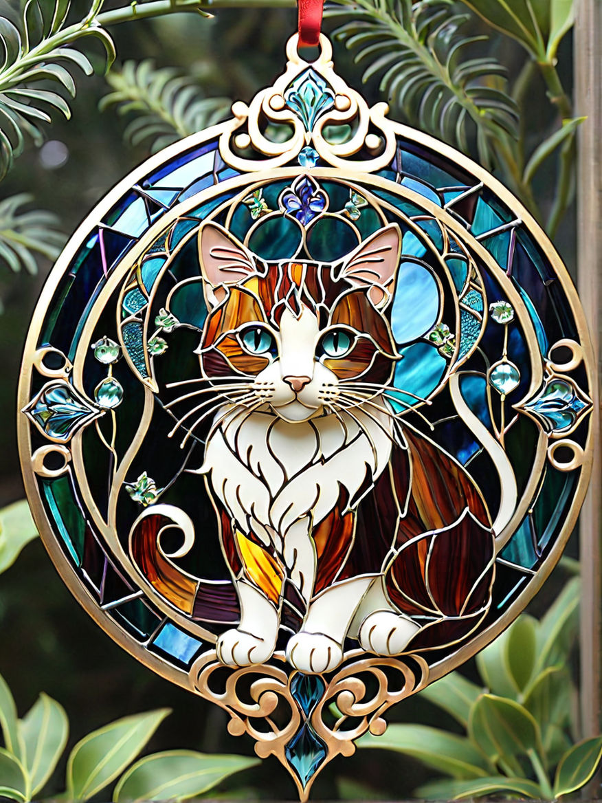 Cat Faux Stained Glass WINDOW CLING Orange Tabby Suncatcher 3