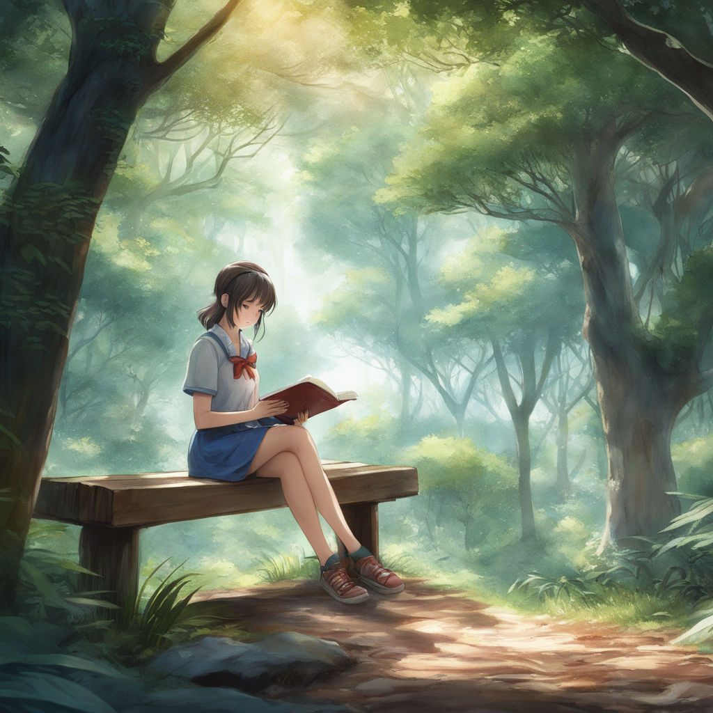 Visualize an anime girl sitting on a worn-out park bench in an abandoned