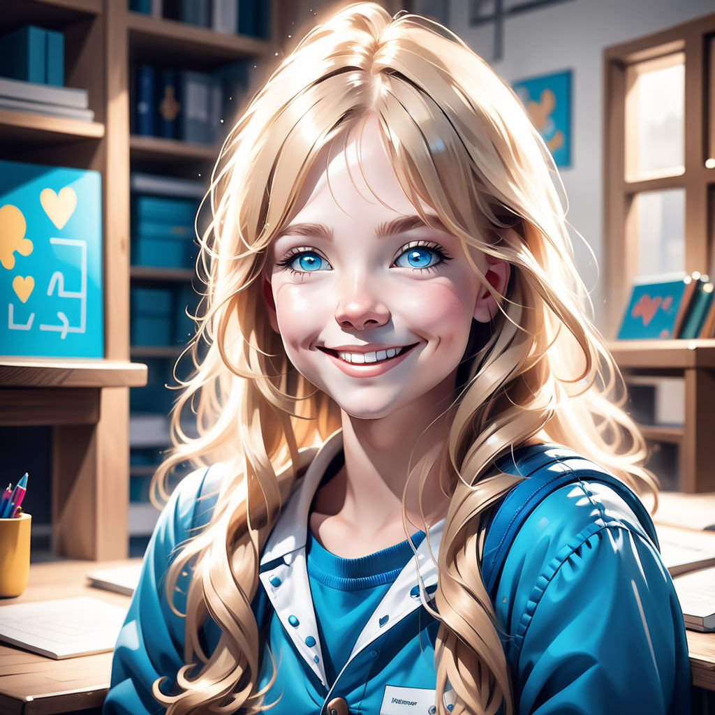 animated girl with brown hair and blue eyes