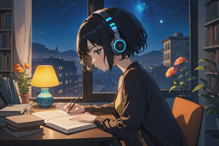 futuristic anime style girl listening to music with headphones