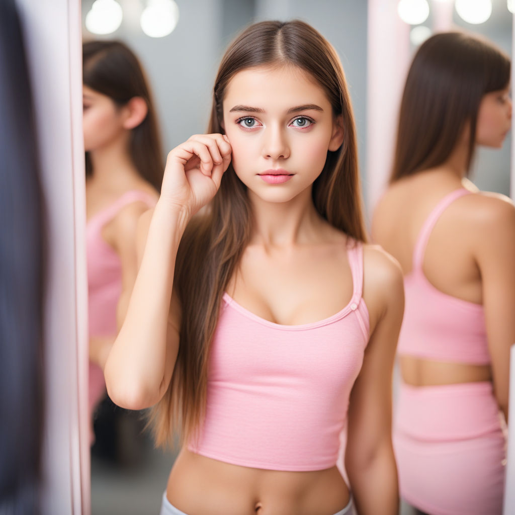 Beautiful Girl Looking in the Mirror and Trying on bra in dressing