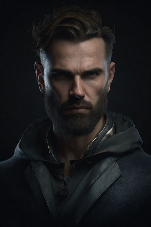 Man with dark medium hair cyberpunk mercenary streetwear muscular soldier  fighter tactical face portrait