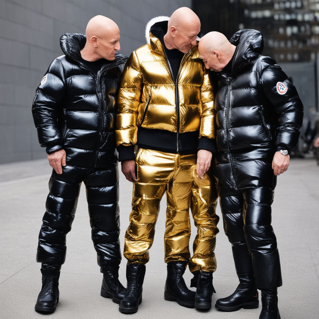 shiny golden extremely puffy rubber extremely oversized inflatable puffy  with massive fur trim expedition parka. inflatable Boba tea oversized  inflated expedition parka puffy - Playground