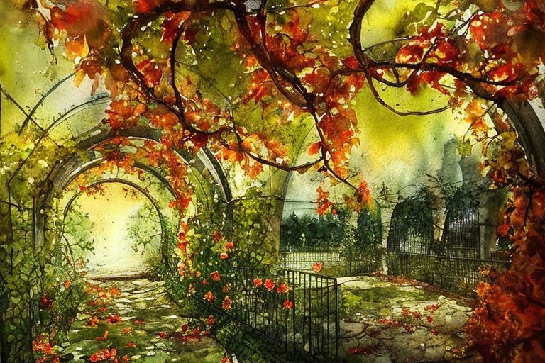 Fantasy Art Style Watercolor Painting Book Illustration Woods Autumn Fall  People Walking Accurate Perspective Pale Blue Sky Brook Trees Path Wild  Flowers Fence and Stile Hedgerow · Creative Fabrica