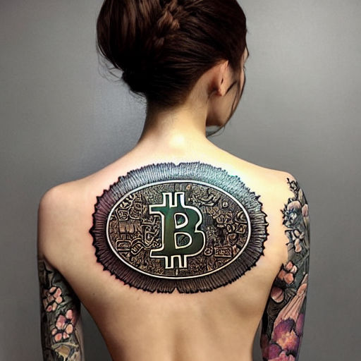 a muscular orange fruit with a bitcoin tattoo