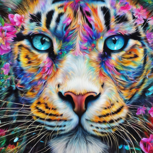 Bengal tiger face, tiger majestic, roar, psychedelic, vivid color line art