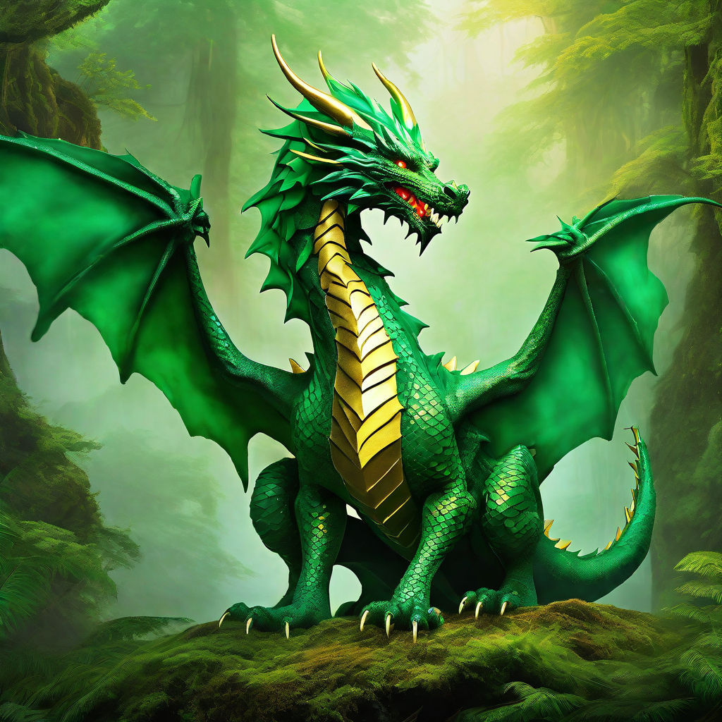 Green Dragon in the cave, the lord of dragons, has good platinum scales,  bright eyes, and is surrounded by dazzling gold and green lights.  generative ai Stock Illustration