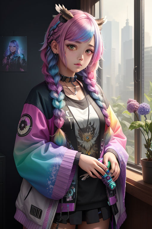 Rainbow-haired Anime Girl - A Colorful and Playful Art