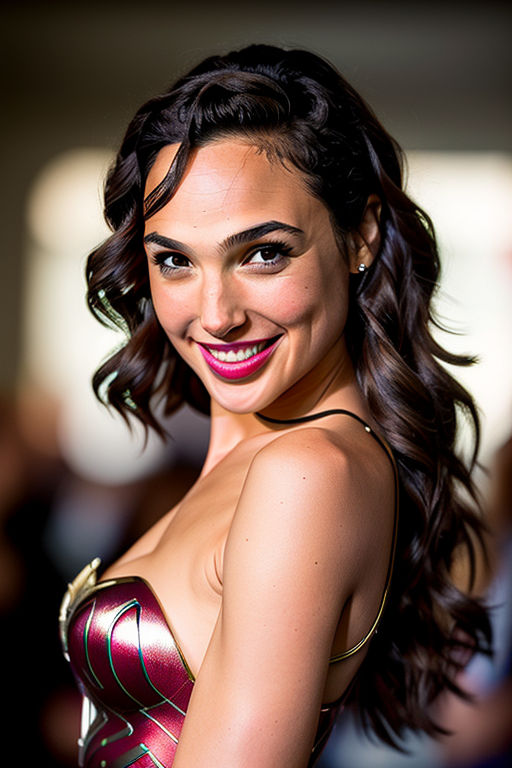 Prompt: Ultra photorealistic portrait of Gal Gadot using a 50mm f/1.8 lens | Captivating expression of laughter and joy with a playful wink | Half of her face is like a clown 