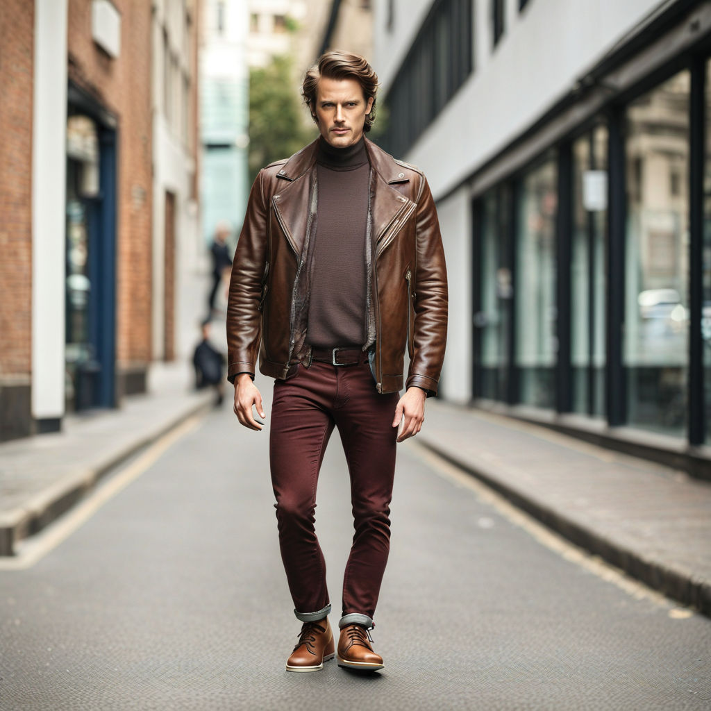 brown trousers and black boots with small heels. His legs are much smaller  than the rest of his body. His right hand thumb is maroon