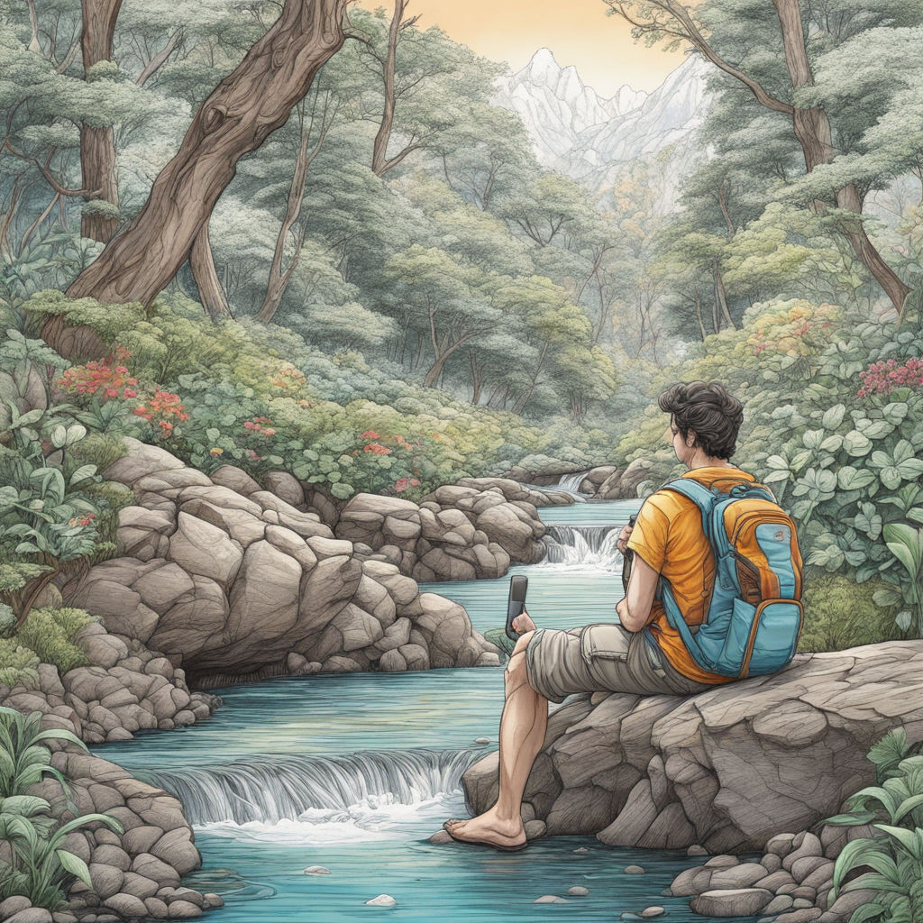 Hiking clipart illustration depicting a hiker with a backpack, enjoying the  scenic view of a waterfall in a lush forest. AI Generated 26674671 PNG