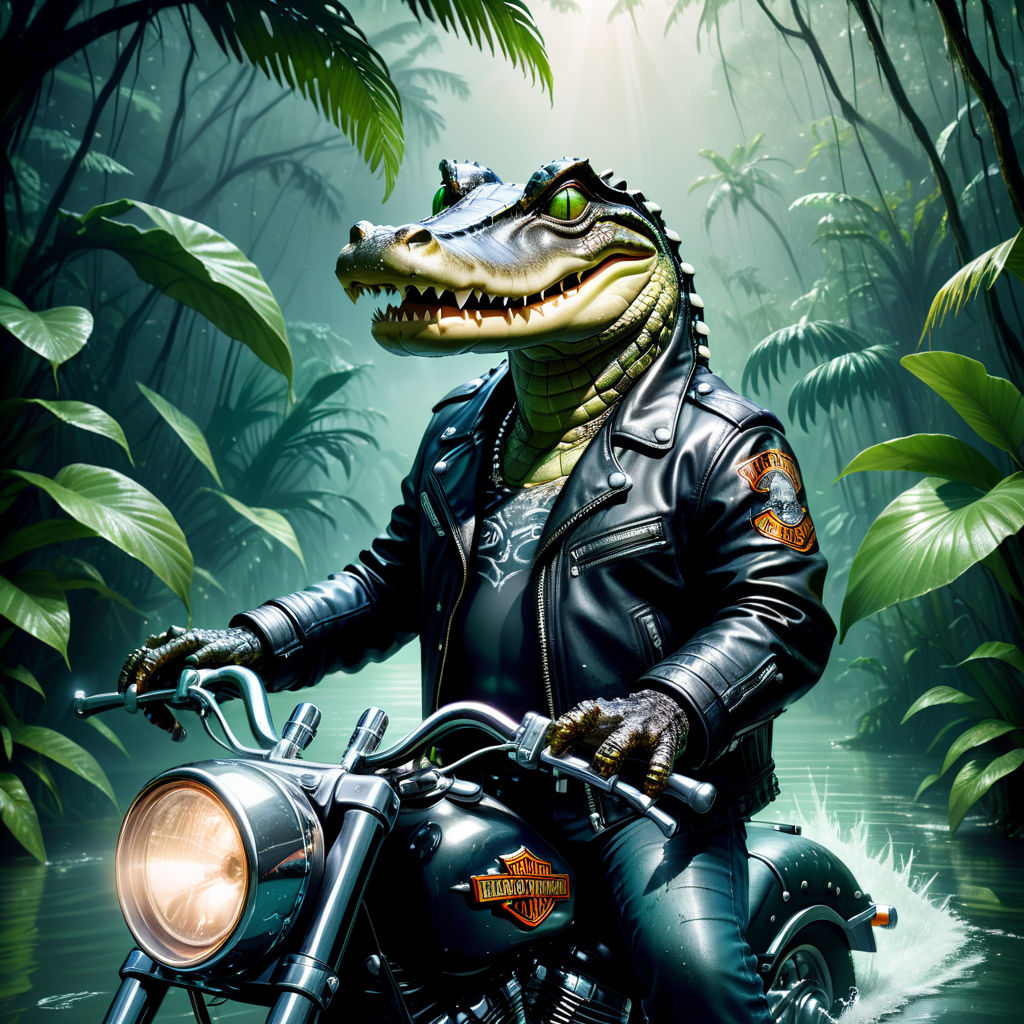 Rebel Rider: Crocodile on a Vintage Motorcycle