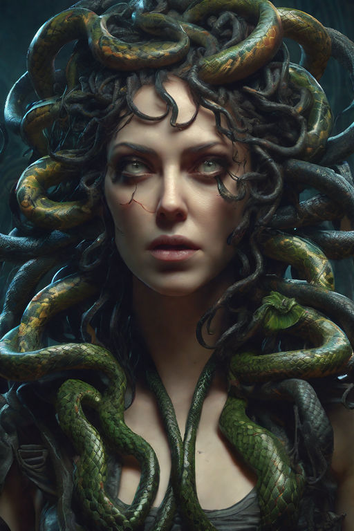 Medusa head with snakes instead of hair, hyper realistic, mystic