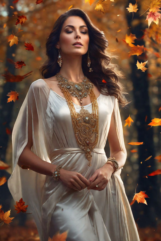 a long dress made of autumn leaves with a jade and marble necklace