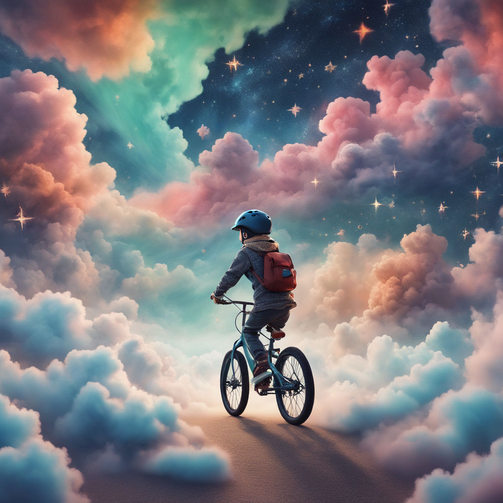 Prompt: Surrealism:

boy riding a bicycle in multicolored clouds with starry sky by 5d engine
, Mysterious