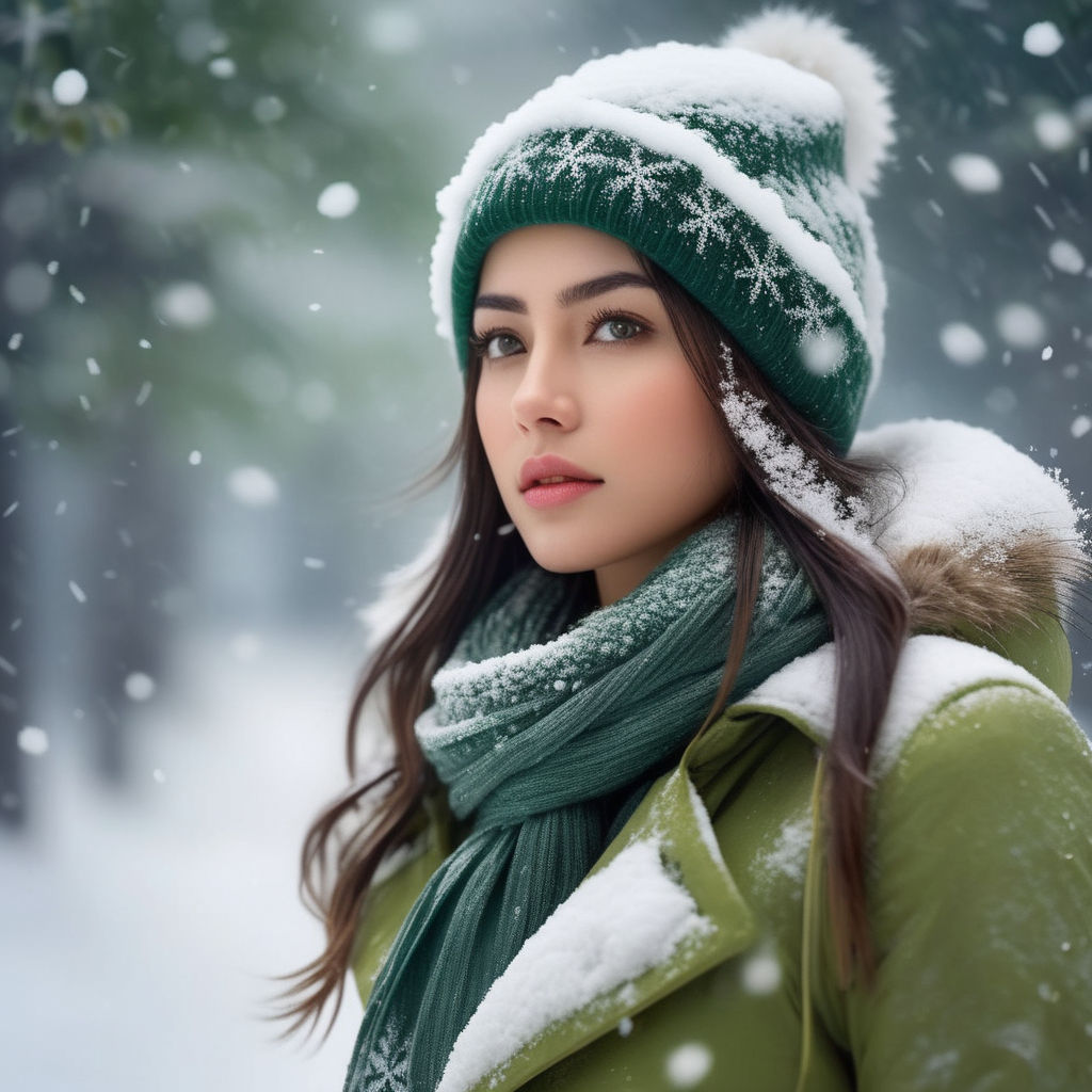 Girl wearing cozy winter clothes.Enjoy winter.Snowy weather.City  architecture. Apartment building Stock Photo by matskevichtanya