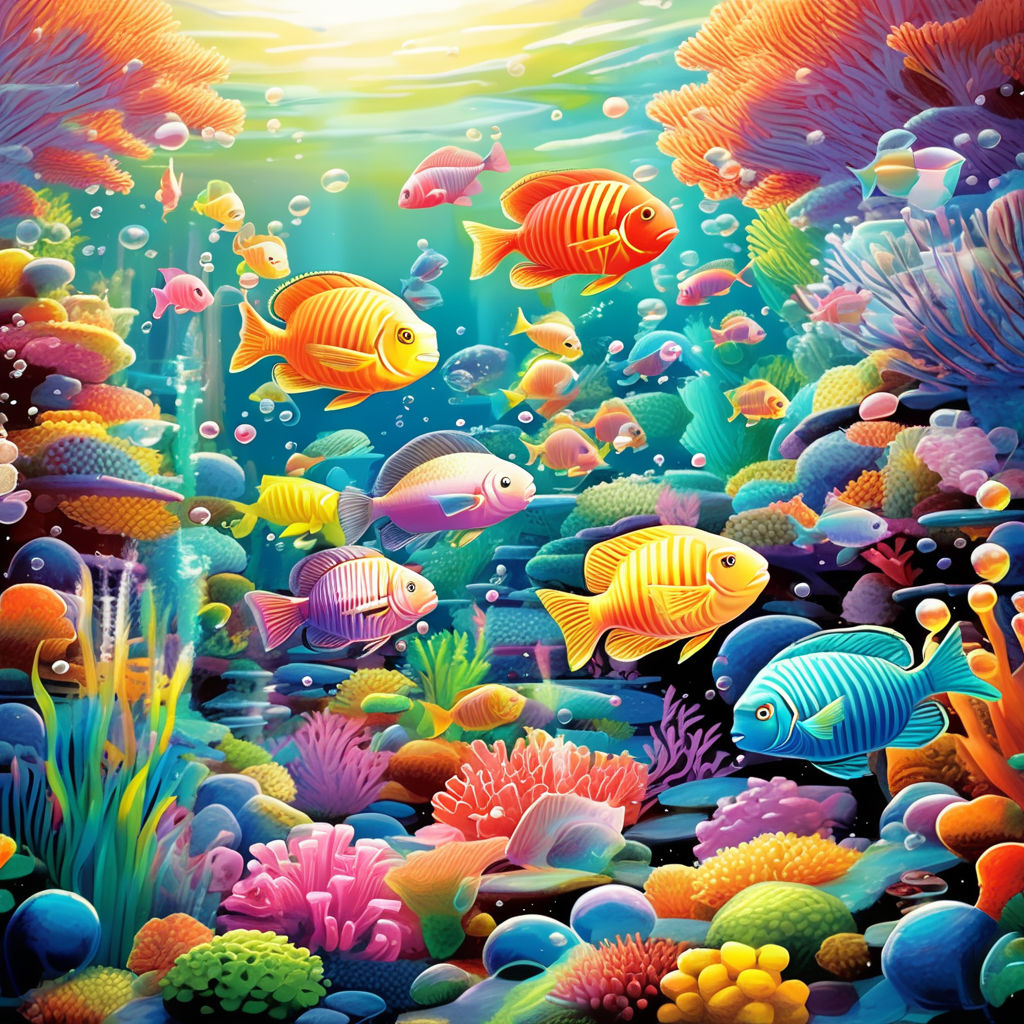 Schools of colorful tropical fish swimming around corals on a