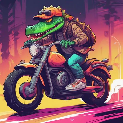 Cool Cartoon Rider Crocodile Character on Chopper Motorbike