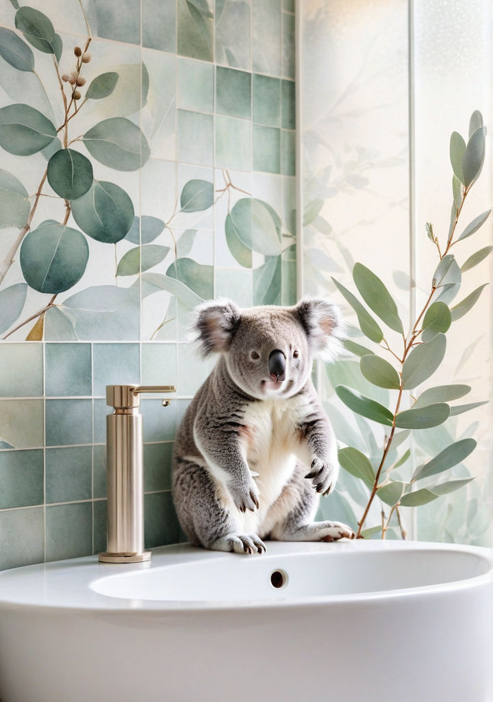 A koala perched on the edge of a porcelain sink inside a bathroom