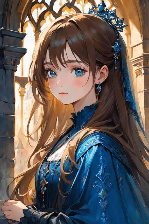 Anime girl, curly brown hair, blue themed clothes, cute, kawaii, clean  lines in drawing, deep brown eyes, anime