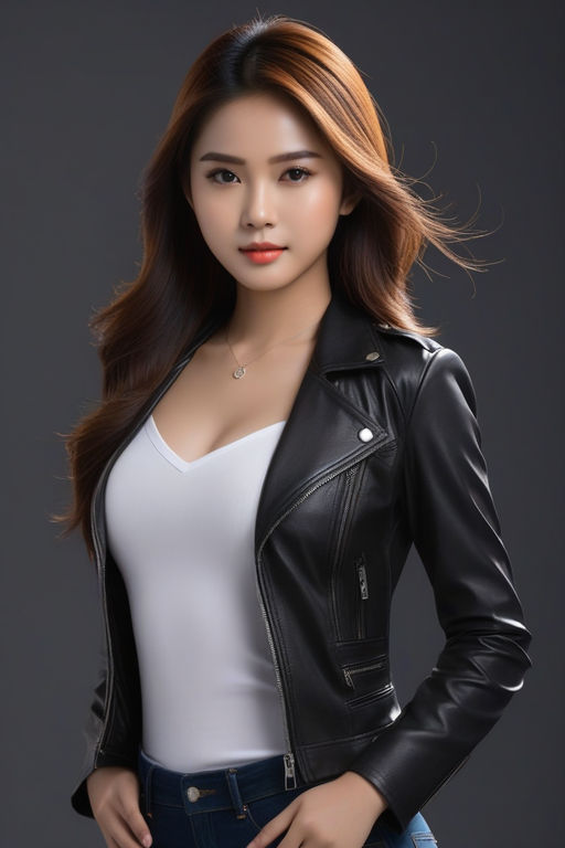 24 year old cute korean woman with leather jacket and leather