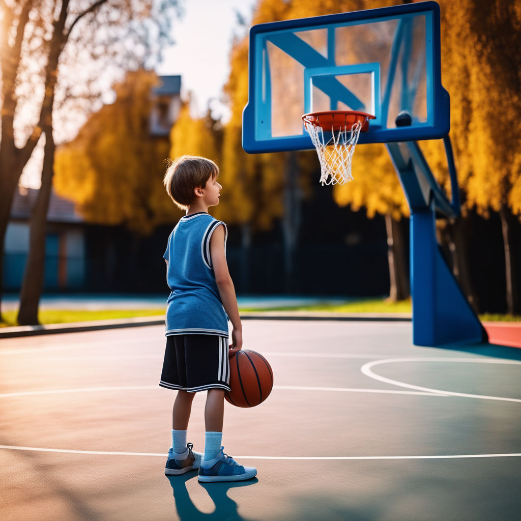 Prompt: an 8 year old child on a street basketball court, child looking at basketball in front of him, beautiful day, normal angle, wide shot, extremely detailed, 8k