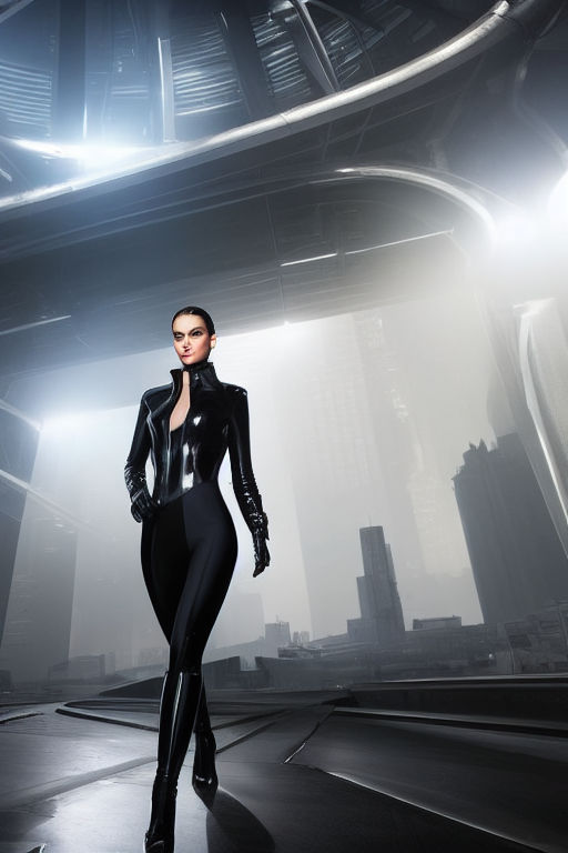 dressed in a futuristic outfit that accentuates her curves. The woman  should be depicted as confident and alluring - Playground