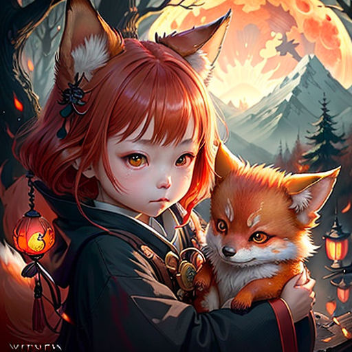 Beautiful anime girl fox ears, fox a - AI Photo Generator - starryai