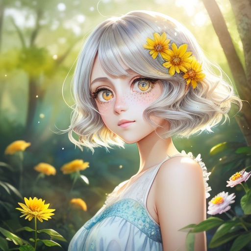 anime girl with white hair and green eyes