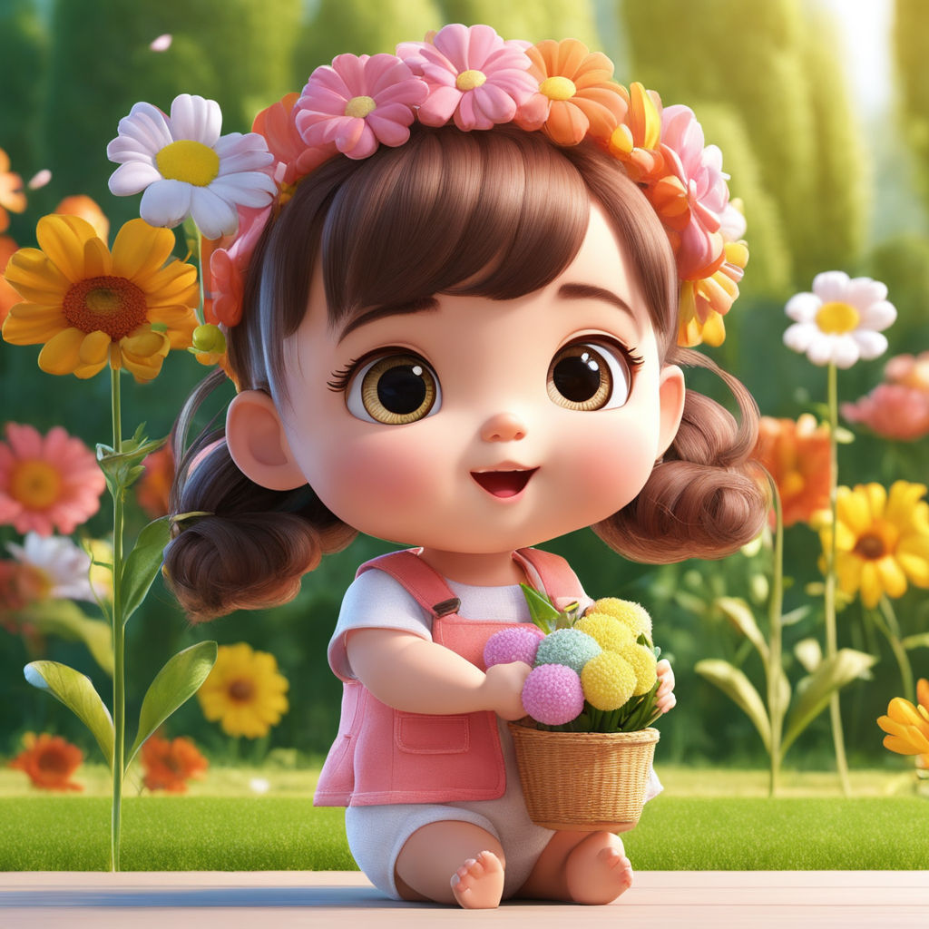 3d-girl-cute-portrait-kiddy-baby-big head small child Pigtails