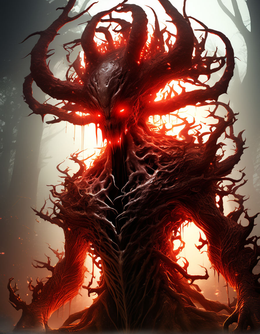 Prompt: humanoid creature blood slug flayed marrow huorn treant elder ent gnarled roots bleeding deep crimson alive sap bark  a highly-detailed dark fantasy masterpiece illustration by seb mckinnon; deep colors, intricate detail, backlight, double exposure, trending on artstation, volumetric light