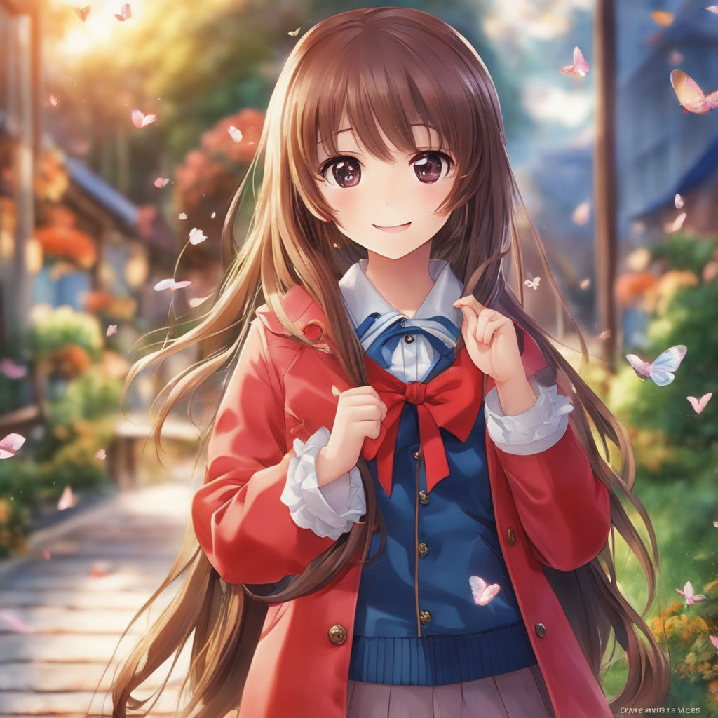 little anime girl with long brown hair