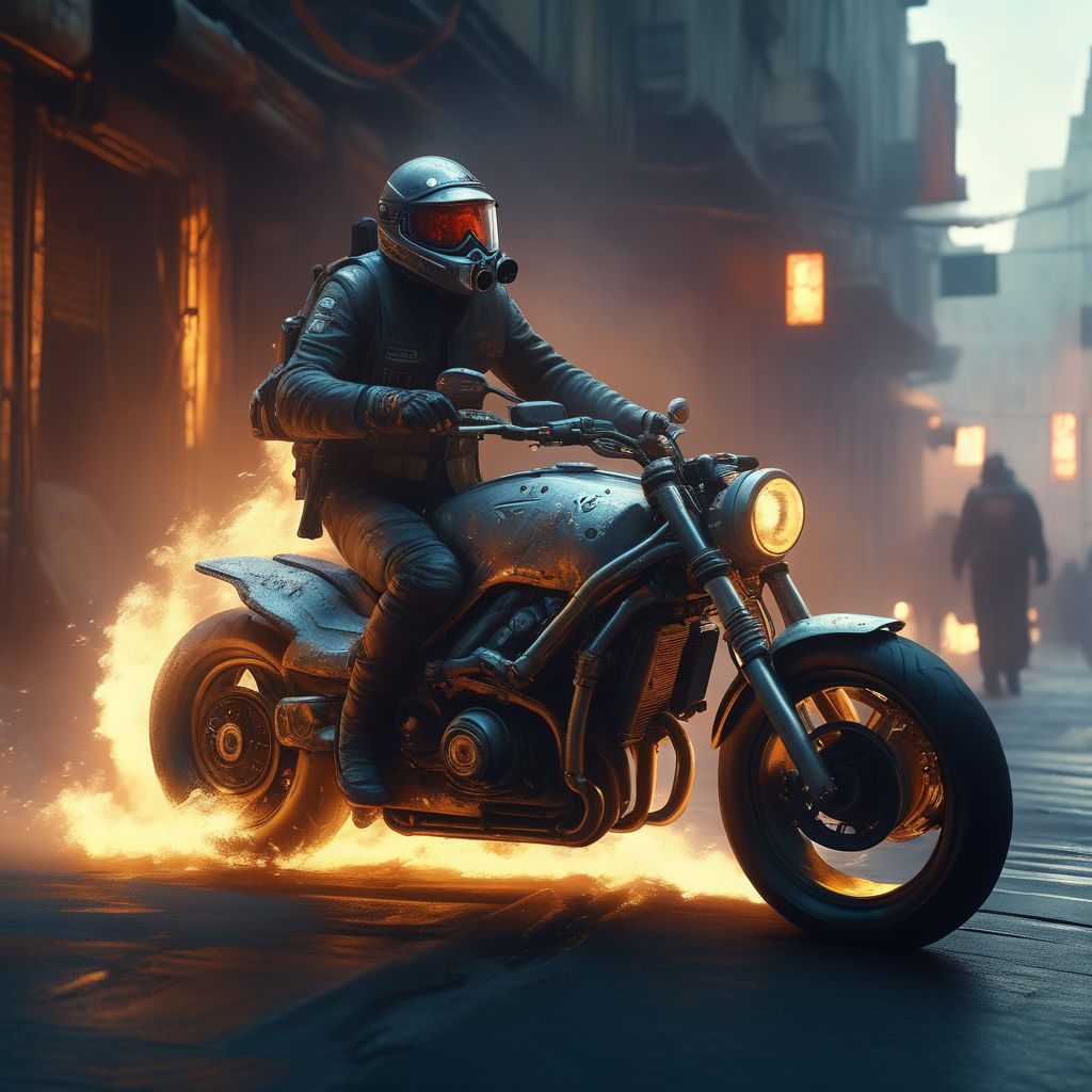 A motorcycle speeds through the neon-lit streets of a cyberpunk city. Its  sleek - Playground