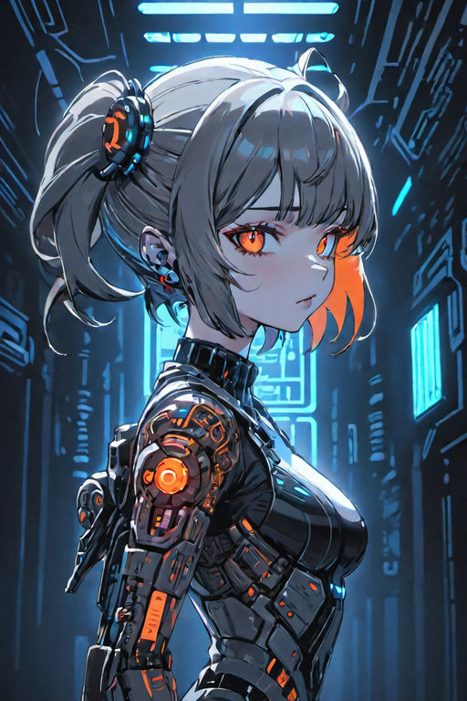 Cyberpunk anime girl with glowing eyes, dark orange, black, dark teal, pale  orange, teal