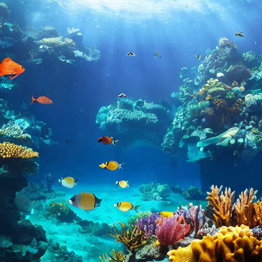 Schools of colorful tropical fish swimming around corals on a