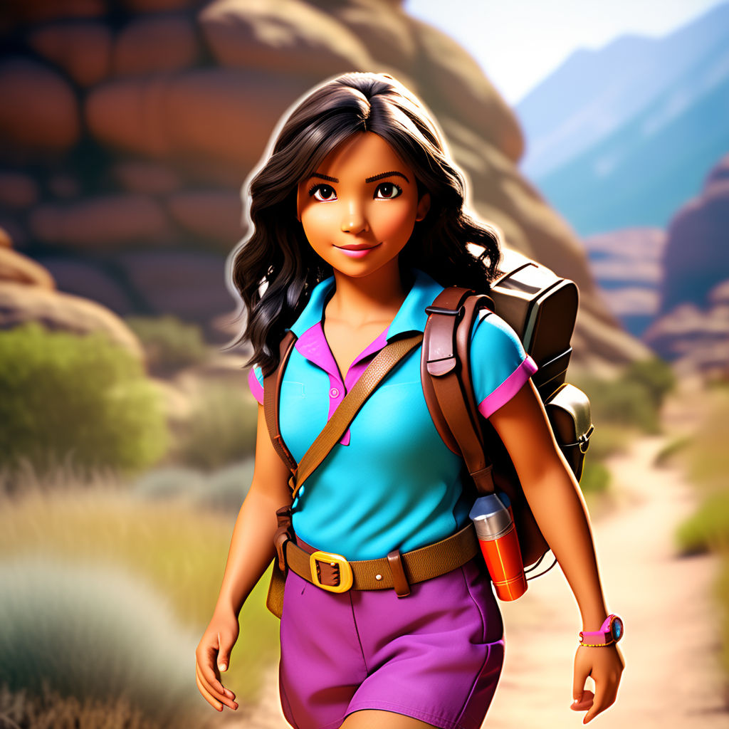 Use pixar cartoon style. create a light skinned biracial woman with dark  brown long curly hair. She is 37 years old. She is sweet and happy. She is  a hiker. The background