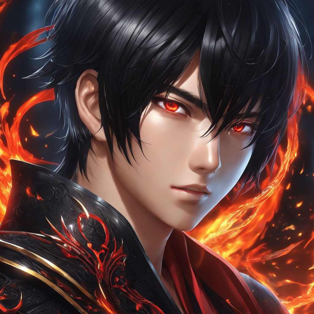 anime boy with black hair and red eyes