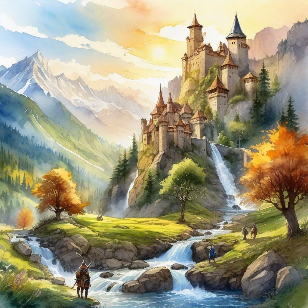 A watercolour painting of a medieval castle on a mountain, castle art 