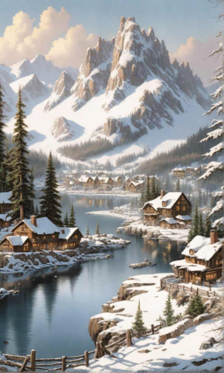 rustic stone wells and frosted trees dotting the serene village landscape  - Playground