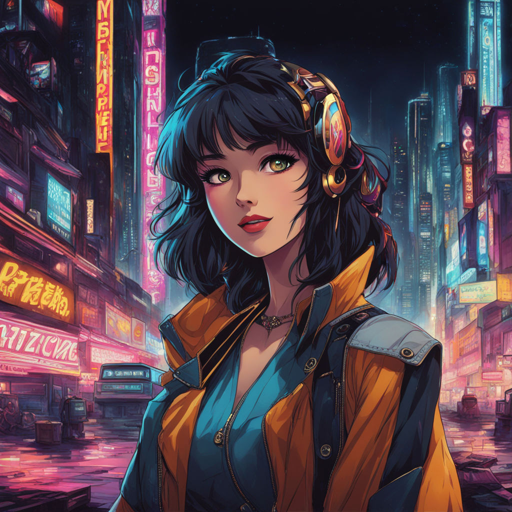 anime girl with blue hair and headphones sitting at a desk, digital anime  illustration, busy night, inspired by Rei Kamoi, 8 0 s anime vibe - SeaArt  AI