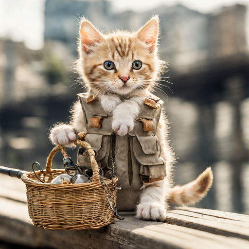 A cat is trying to fish with a rod and line. The bait? A tiny crocheted fish.  The cat thinks it's the real deal and excitedly tries to reel it in. 