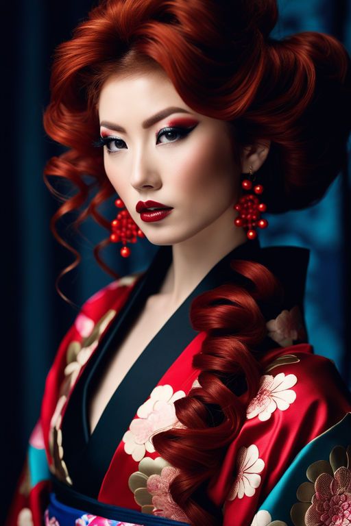 A woman dressed in the traditional geisha style, wearing a kimono and obi,  with an elaborate hairstyle and floral hair clips, with white face makeup  with bright red lips and dark eyes. -