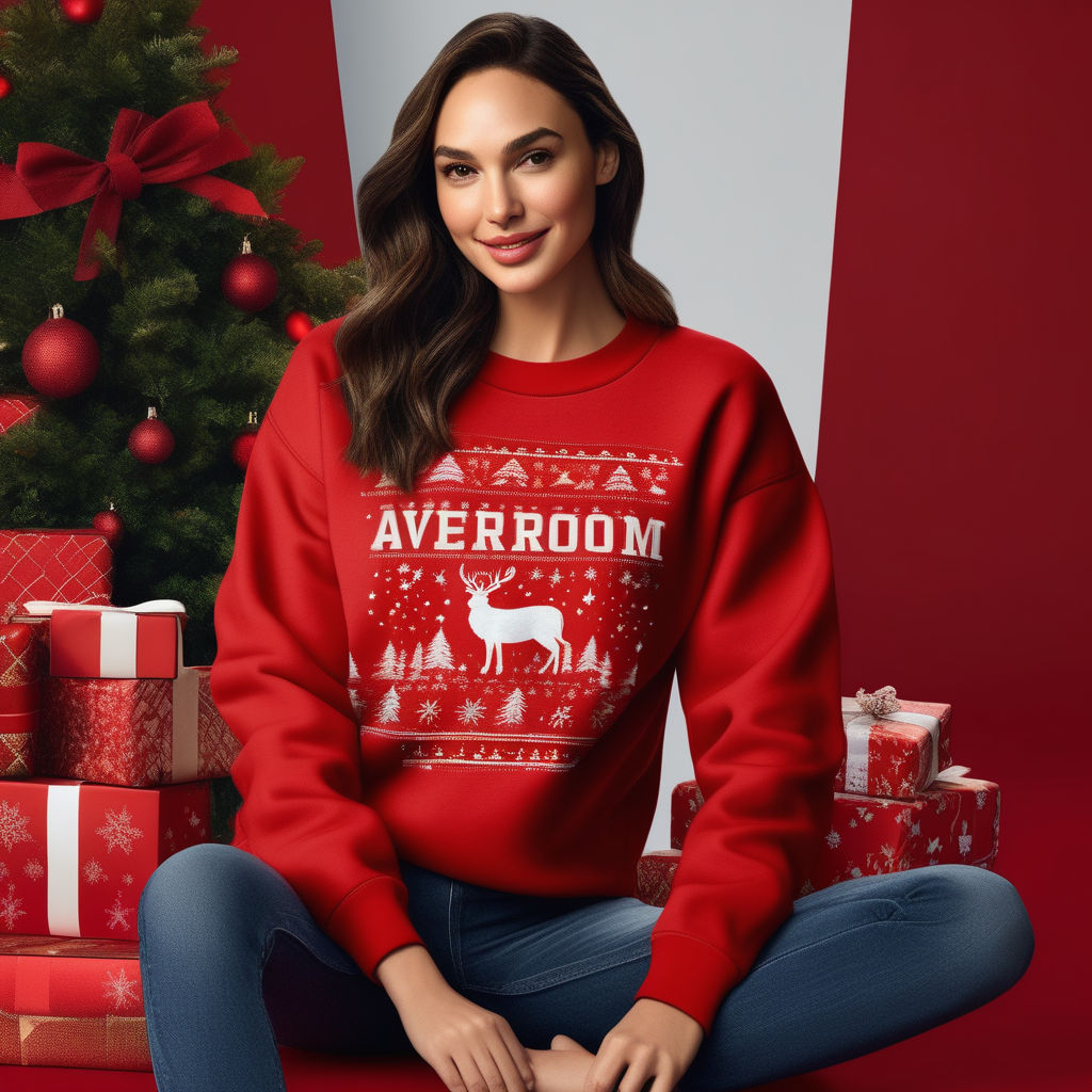 Prompt: Product photography of beautiful average looking smiling young actress Gal Gadot wearing an oversized red Gildan 18000 crewneck sweatshirt, Christmas background - 4k, photorealistic.