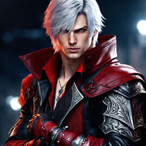 Dante, a warrior from devil may cry 5, striking a pose in front of a  crimson background